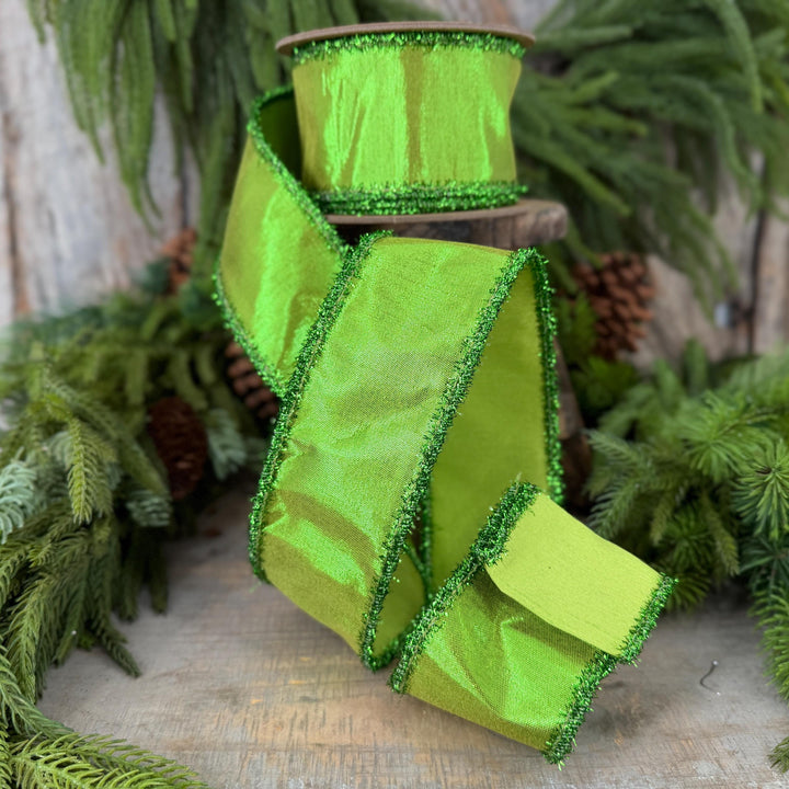 2.5" Metallic Lime Green Dupioni Wired Ribbon with Tinsel Edge, 10 Yard Roll
