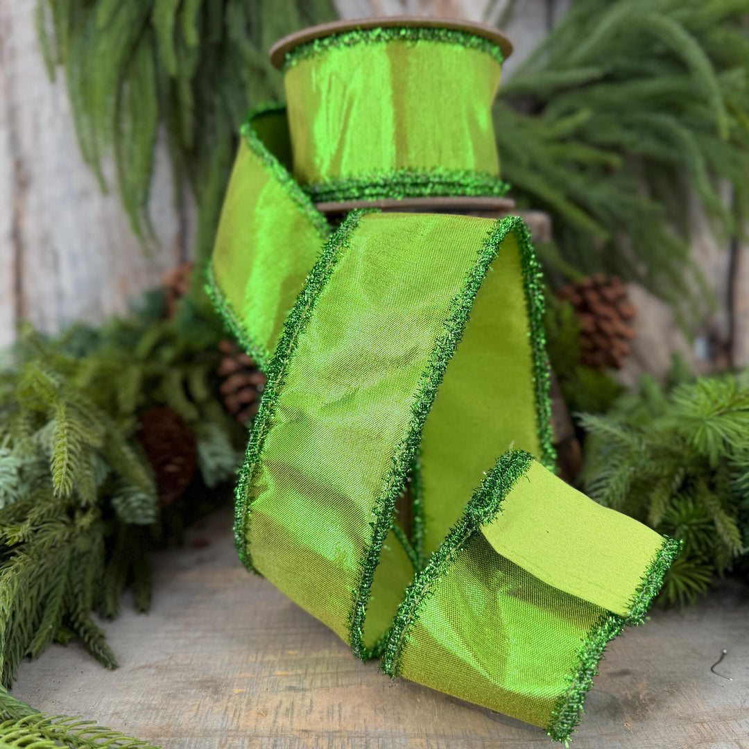 2.5" Metallic Lime Green Dupioni Wired Ribbon with Tinsel Edge, 10 Yard Roll