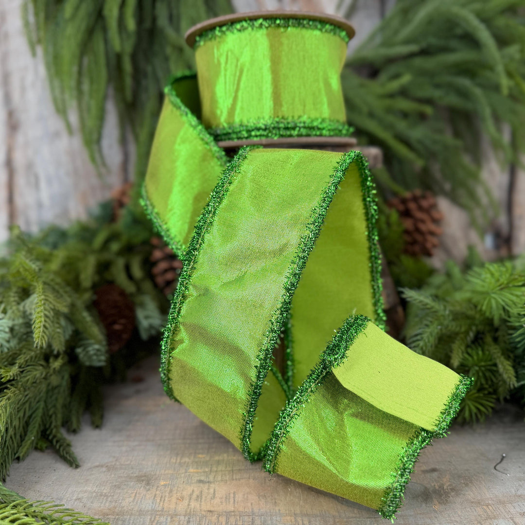 2.5" Metallic Lime Green Dupioni Wired Ribbon with Tinsel Edge, 10 Yard Roll