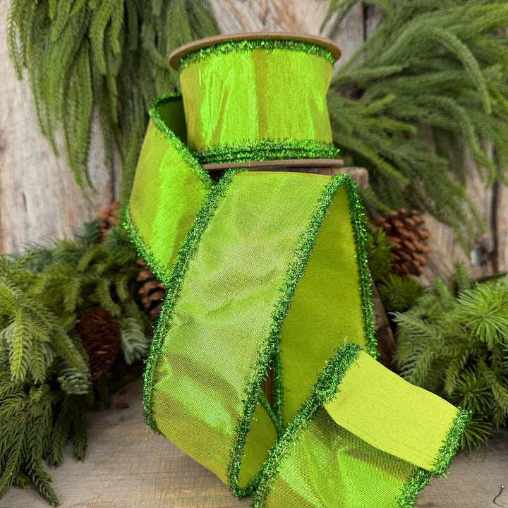 2.5" Metallic Lime Green Dupioni Wired Ribbon with Tinsel Edge, 10 Yard Roll