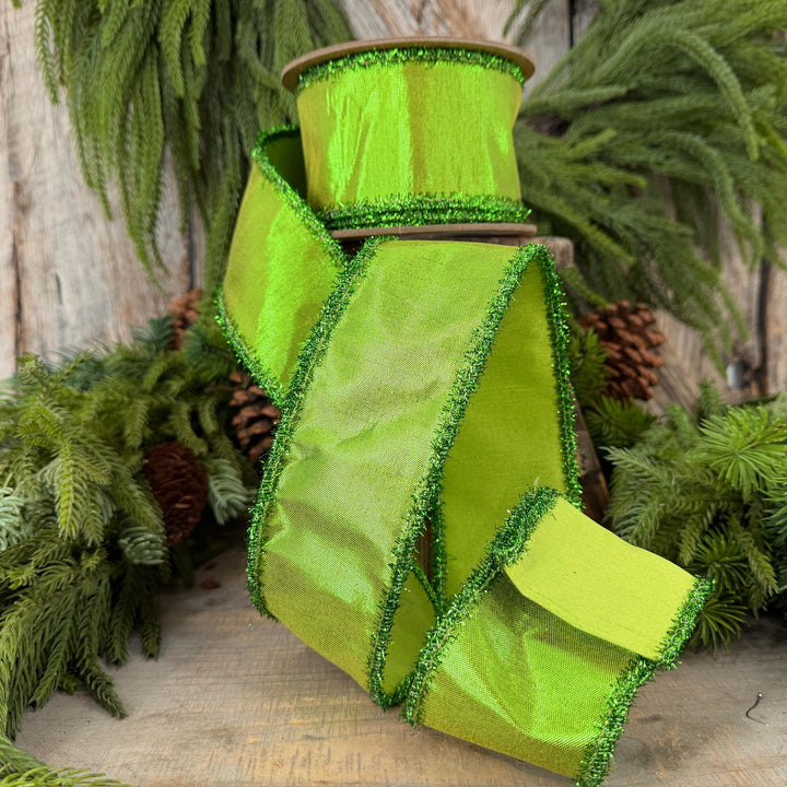 2.5" Metallic Lime Green Dupioni Wired Ribbon with Tinsel Edge, 10 Yard Roll