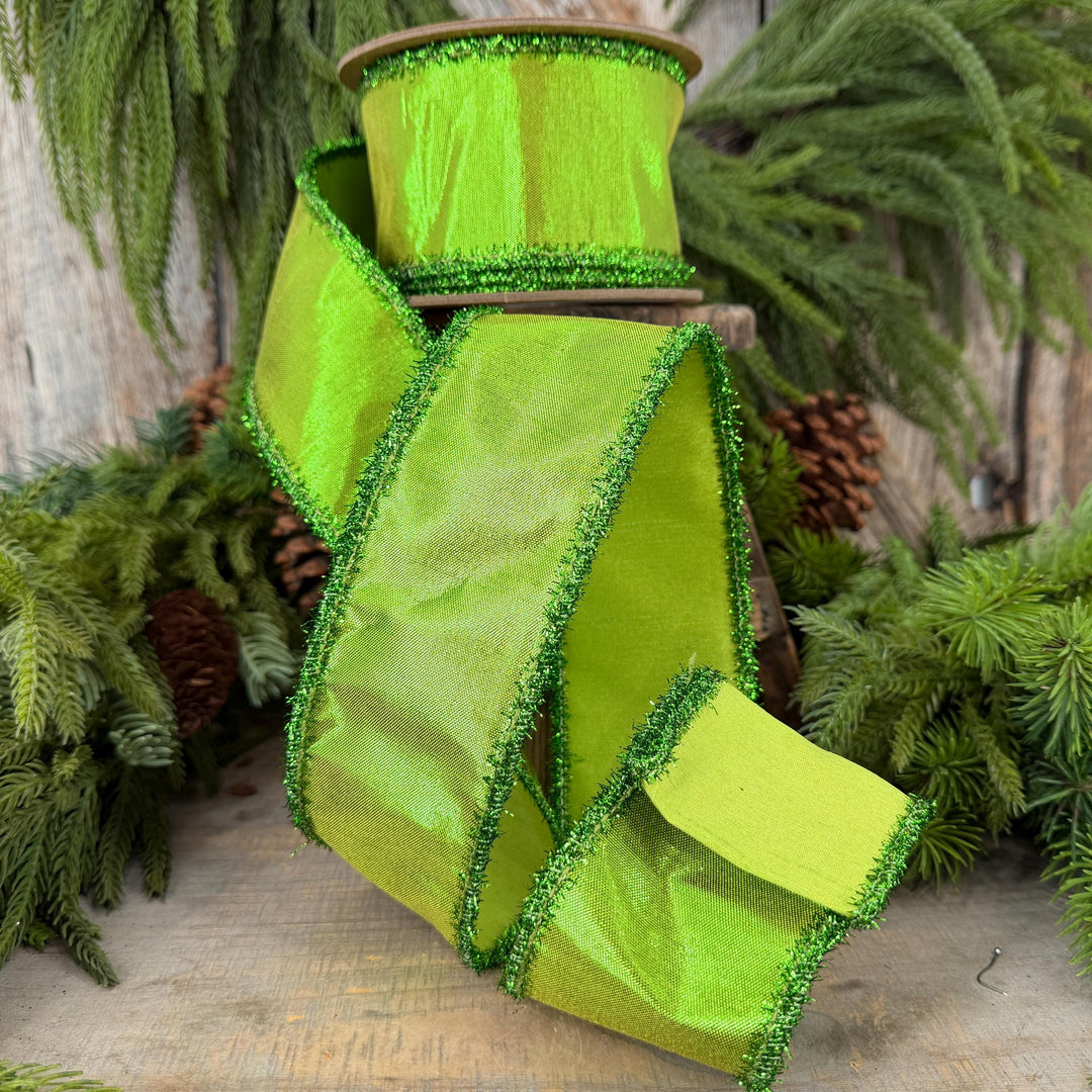 2.5" Metallic Lime Green Dupioni Wired Ribbon with Tinsel Edge, 10 Yard Roll