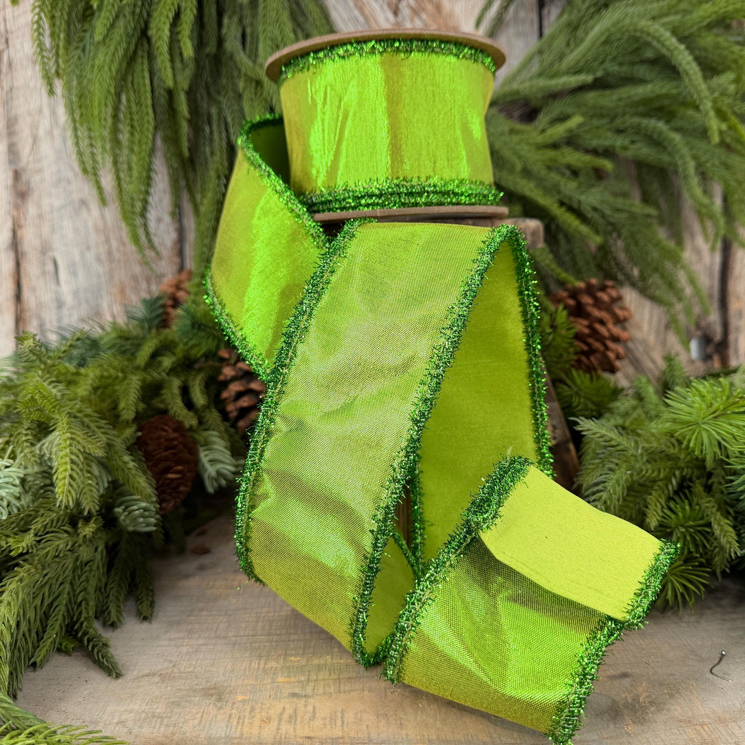 2.5" Metallic Lime Green Dupioni Wired Ribbon with Tinsel Edge, 10 Yard Roll