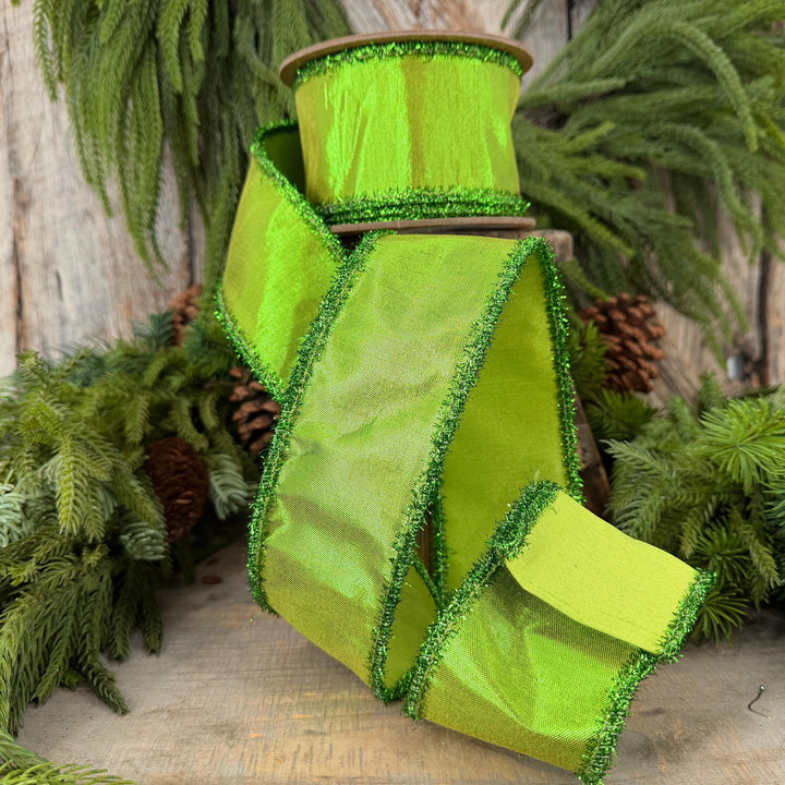 2.5" Metallic Lime Green Dupioni Wired Ribbon with Tinsel Edge, 10 Yard Roll