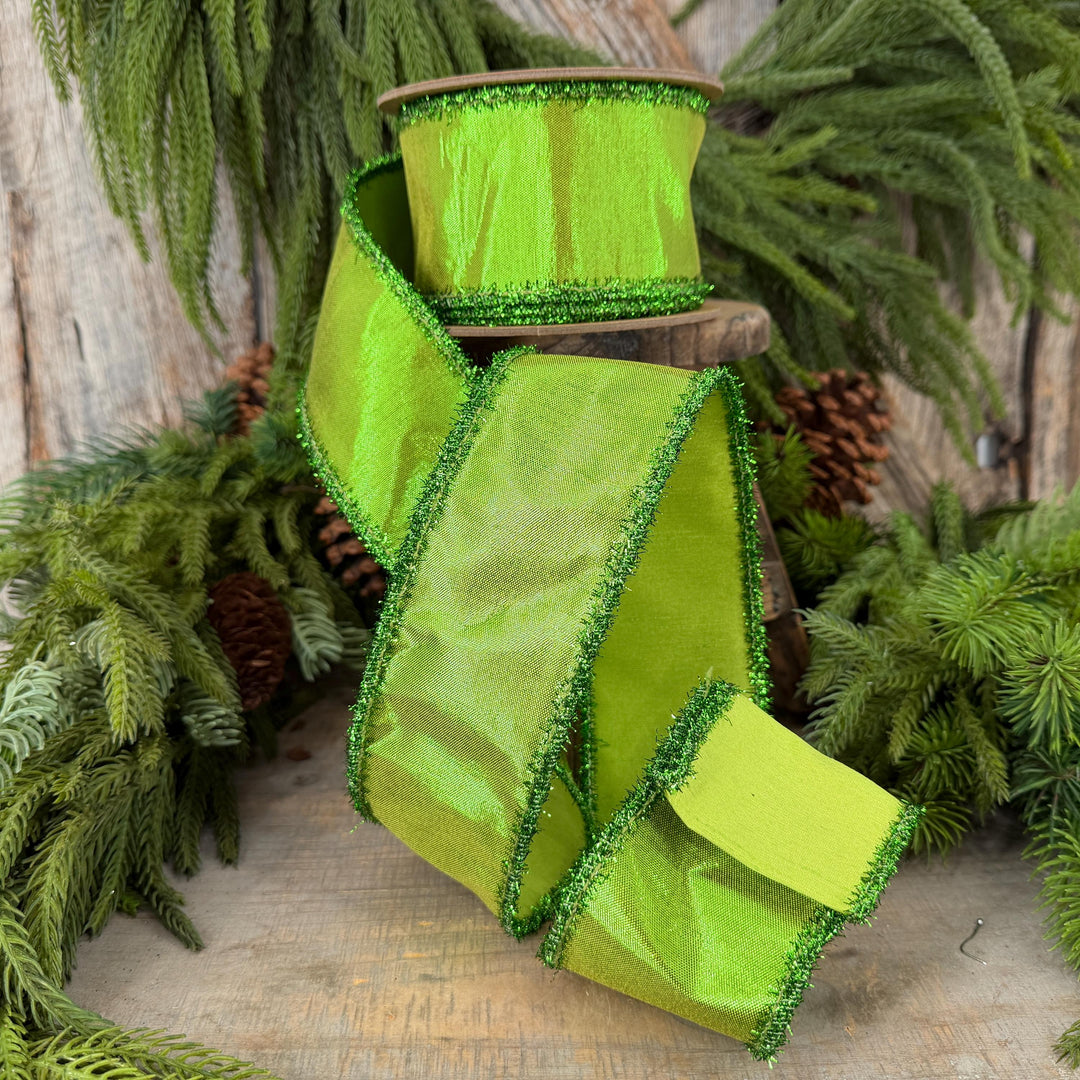 2.5" Metallic Lime Green Dupioni Wired Ribbon with Tinsel Edge, 10 Yard Roll