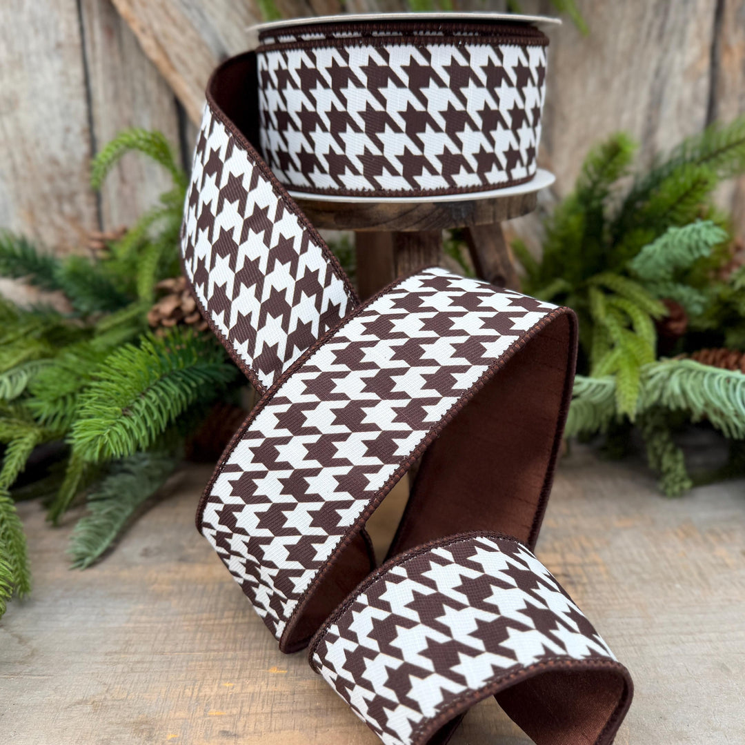 2.5" Brown and White Houndstooth Wired Ribbon – 10 Yards