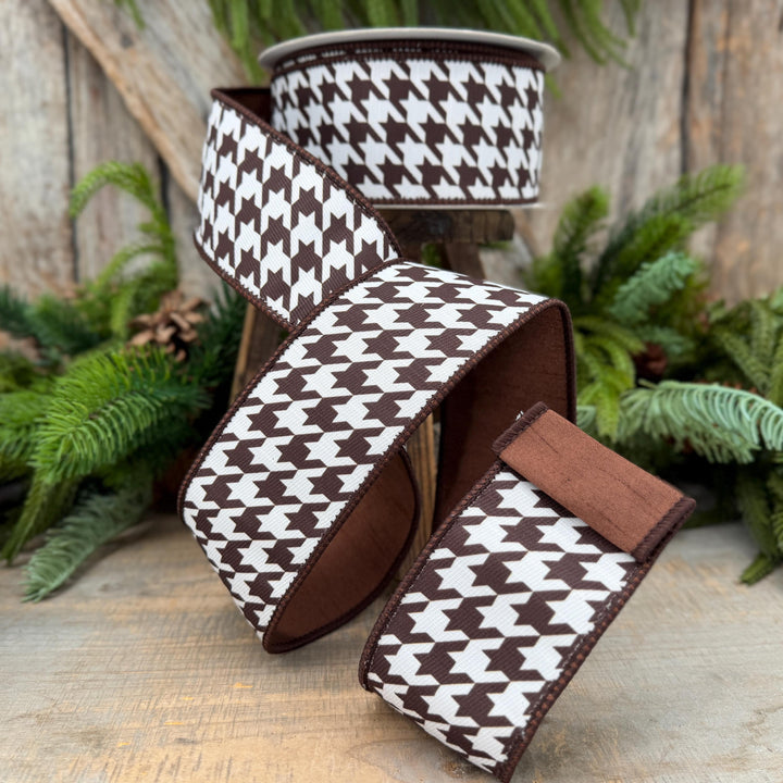 2.5" Brown and White Houndstooth Wired Ribbon – 10 Yards