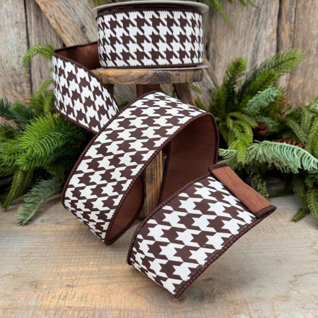2.5" Brown and White Houndstooth Wired Ribbon – 10 Yards
