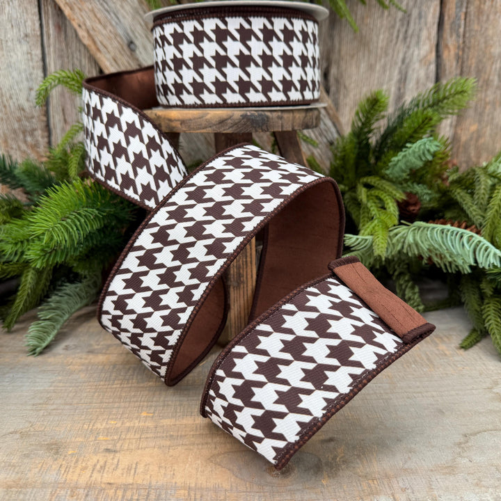 2.5" Brown and White Houndstooth Wired Ribbon – 10 Yards