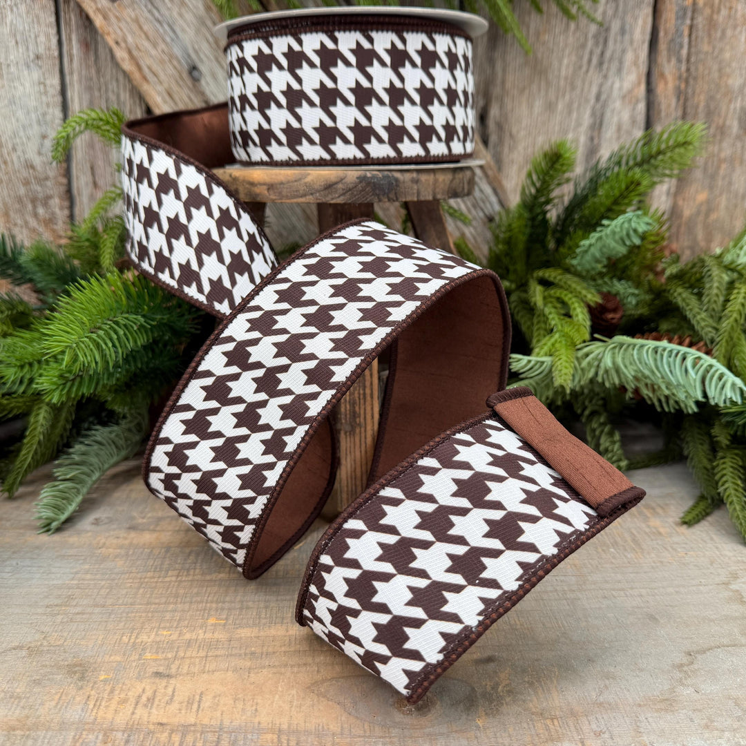 2.5" Brown and White Houndstooth Wired Ribbon – 10 Yards