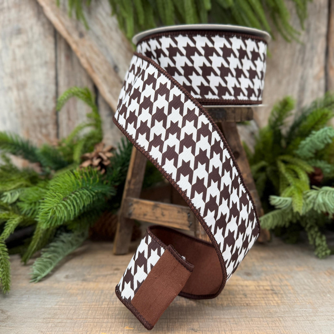 2.5" Brown and White Houndstooth Wired Ribbon – 10 Yards