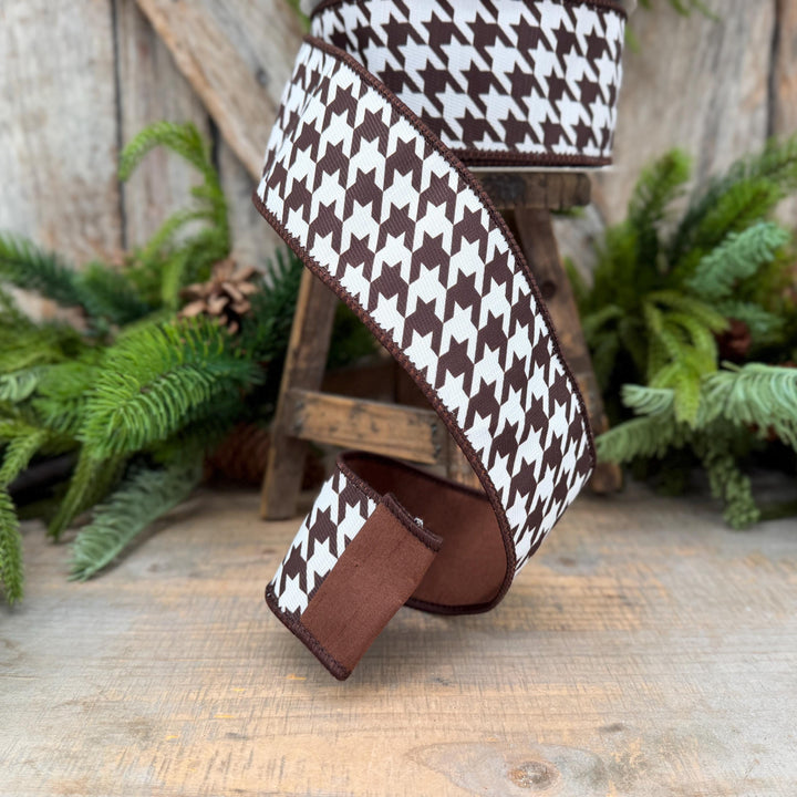 2.5" Brown and White Houndstooth Wired Ribbon – 10 Yards