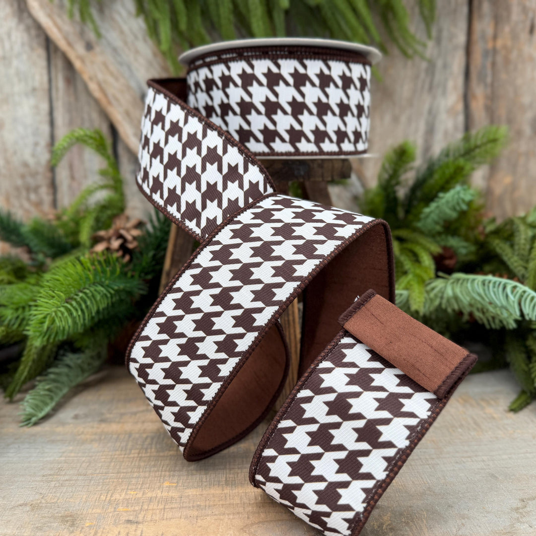 2.5" Brown and White Houndstooth Wired Ribbon – 10 Yards