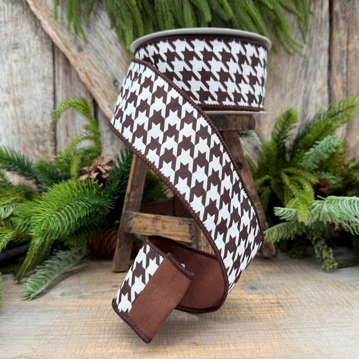 2.5" Brown and White Houndstooth Wired Ribbon – 10 Yards