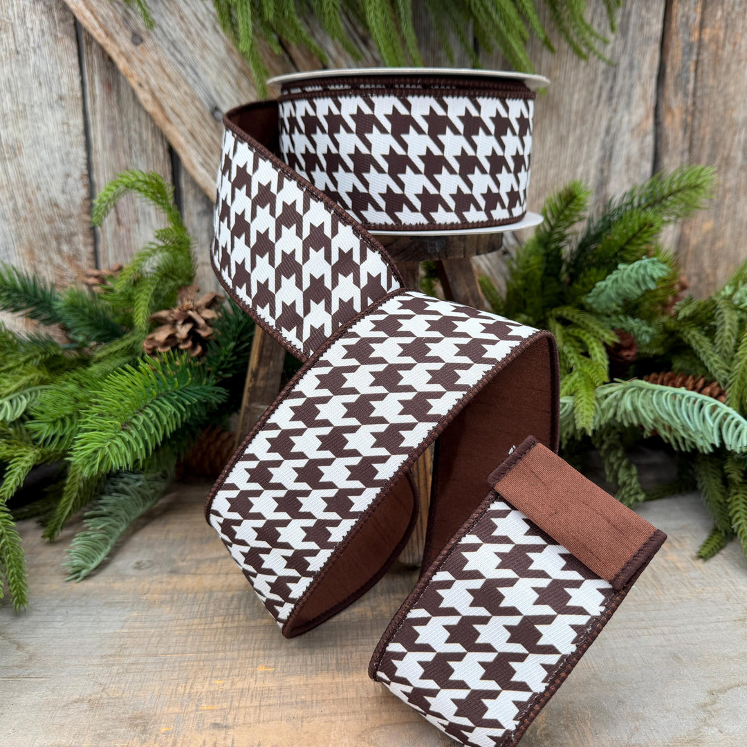 2.5" Brown and White Houndstooth Wired Ribbon – 10 Yards