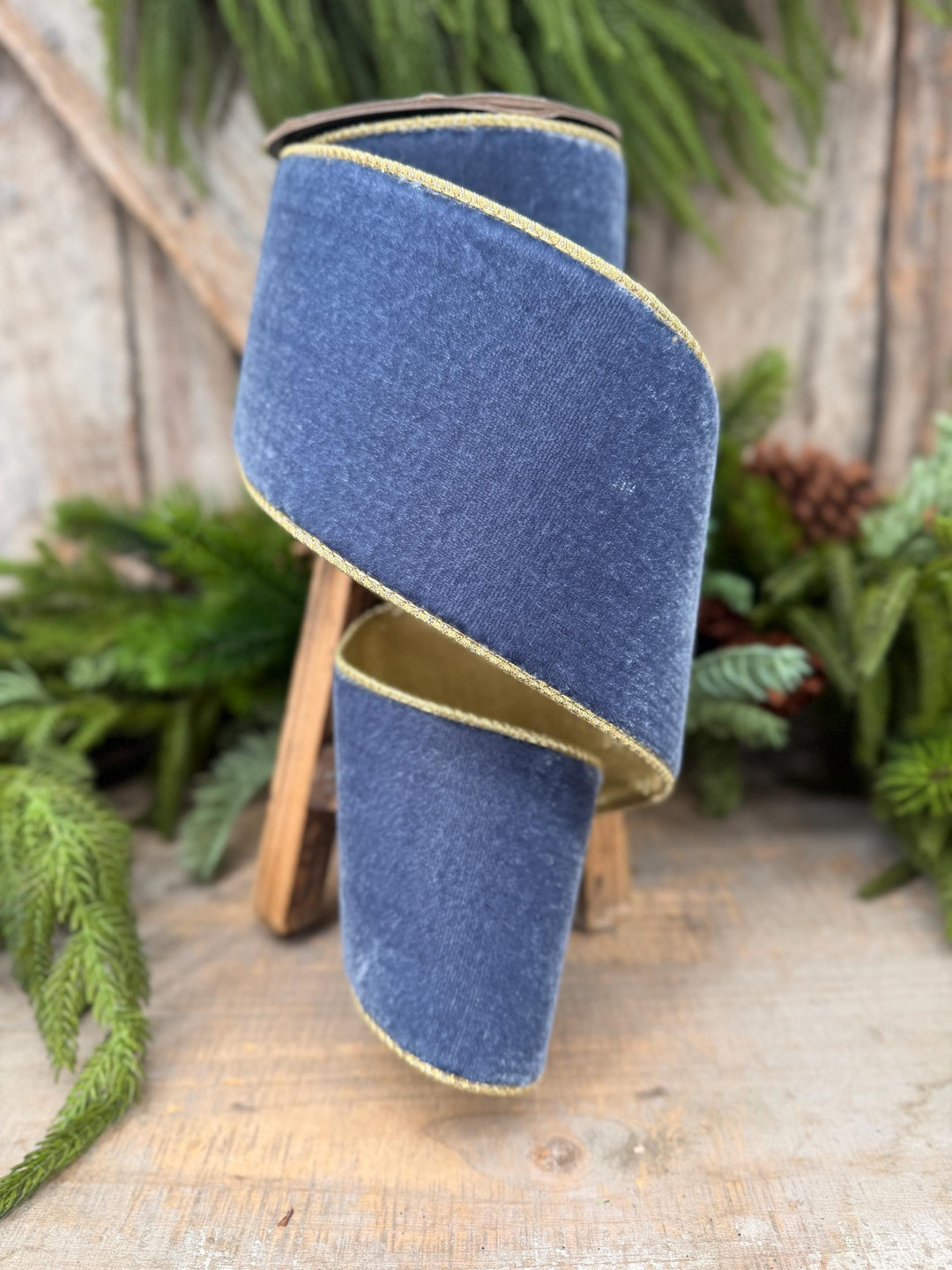 4" Dusty Blue Velvet Wired Ribbon with Gold Backing, Denim Blue