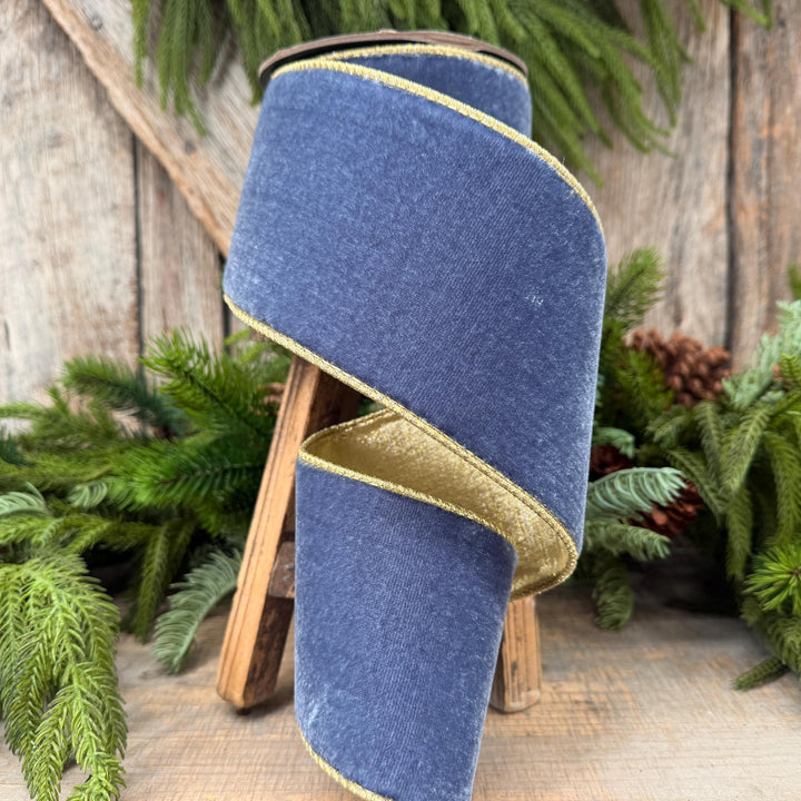 4" Dusty Blue Velvet Wired Ribbon with Gold Backing, Denim Blue