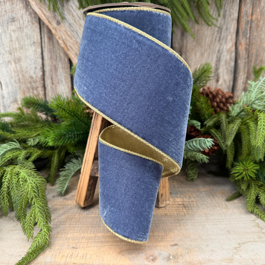 4" Dusty Blue Velvet Wired Ribbon with Gold Backing, Denim Blue