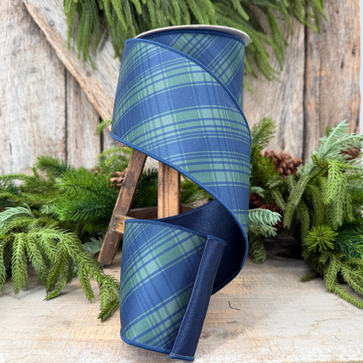 4" Blue Green Christmas Plaid Ribbon, Black Watch Plaid Ribbon, Navy Blue Plaid
