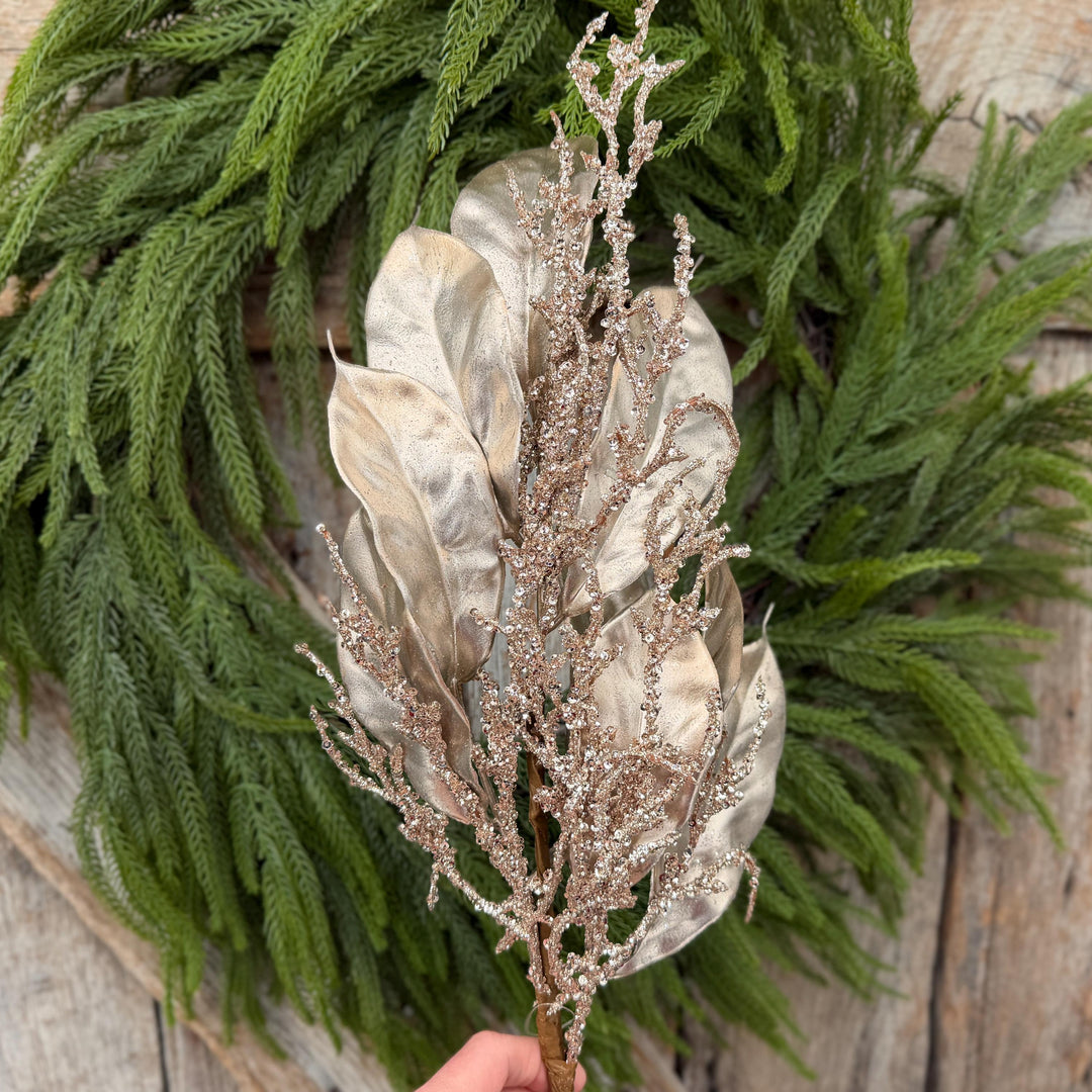 24" Champagne Metallic Magnolia Leaf Spray with Glittered Branches