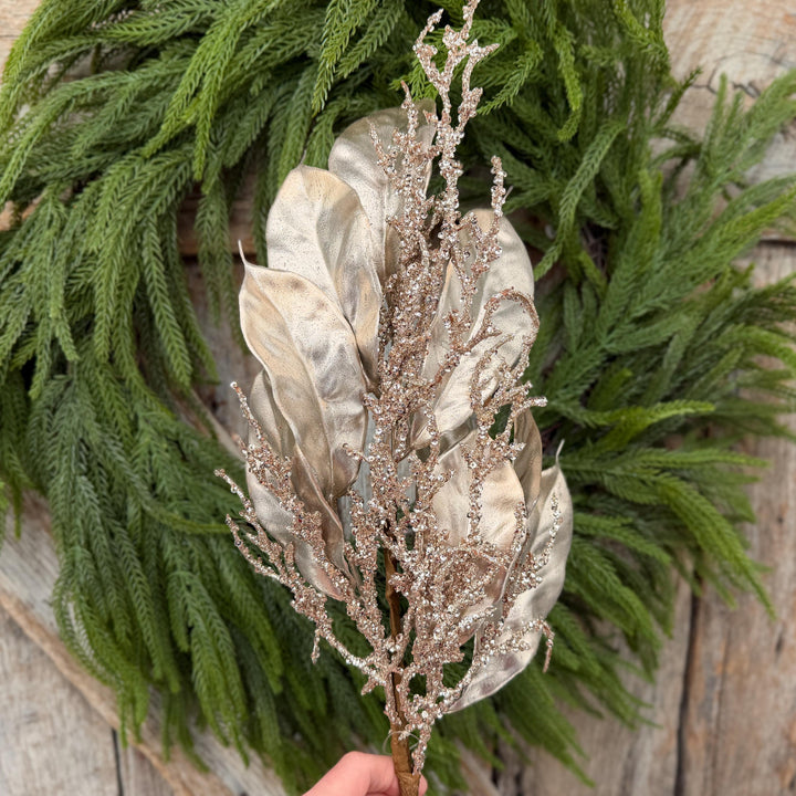 24" Champagne Metallic Magnolia Leaf Spray with Glittered Branches