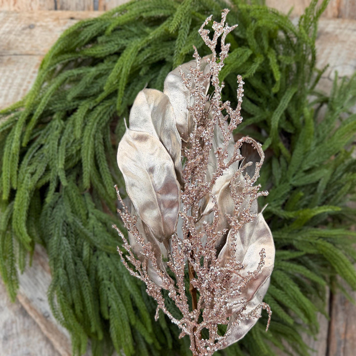 24" Champagne Metallic Magnolia Leaf Spray with Glittered Branches