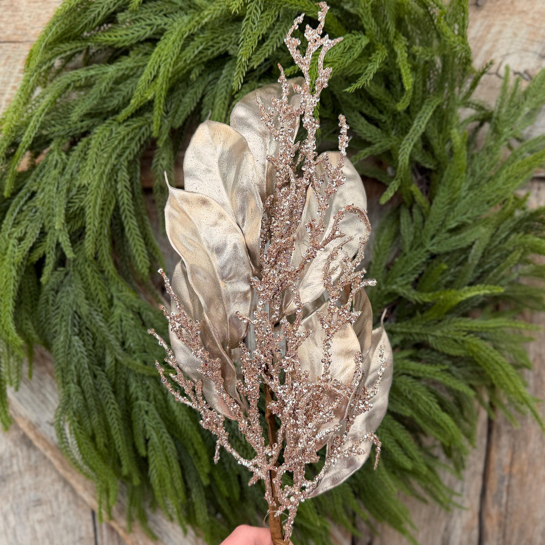 24" Champagne Metallic Magnolia Leaf Spray with Glittered Branches