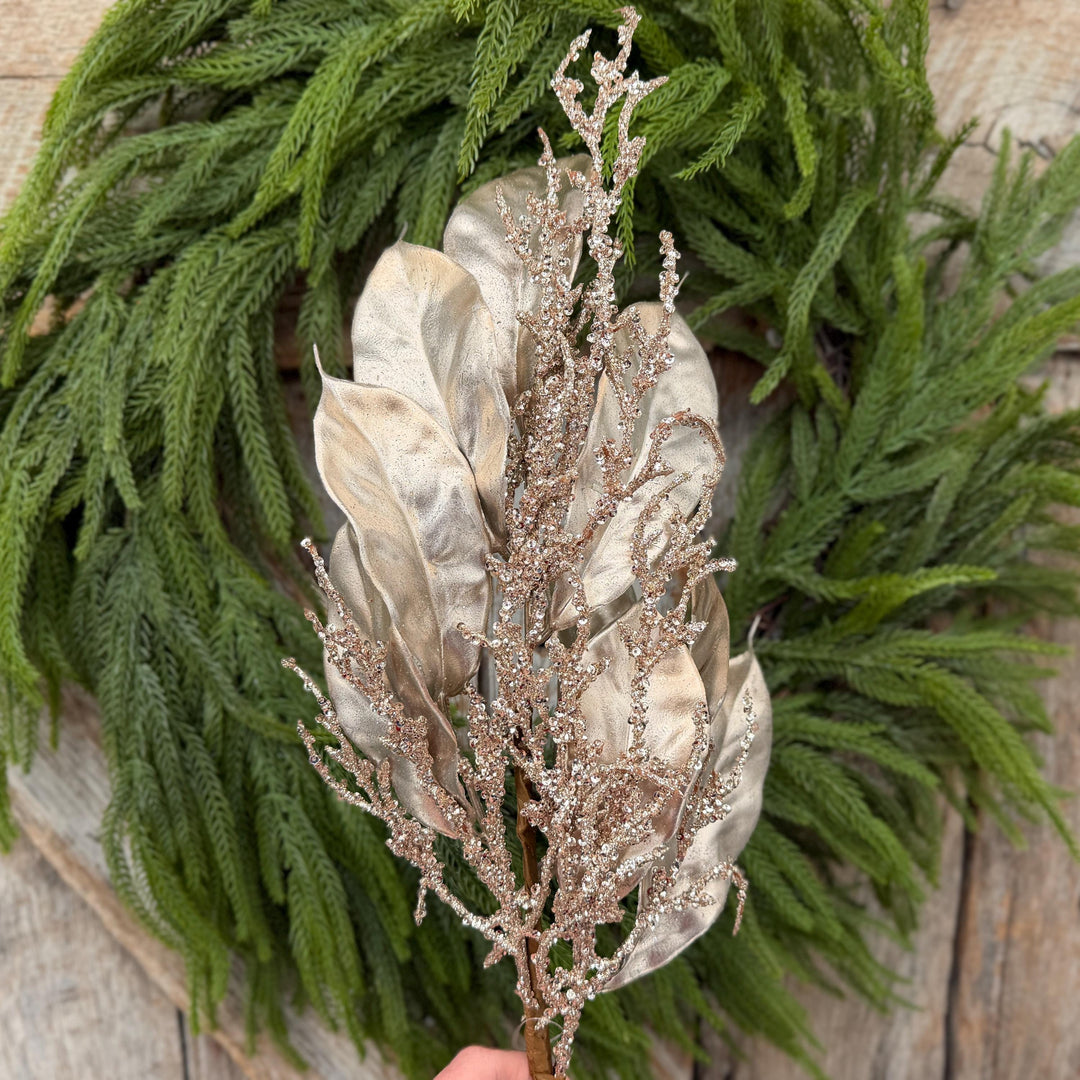 24" Champagne Metallic Magnolia Leaf Spray with Glittered Branches