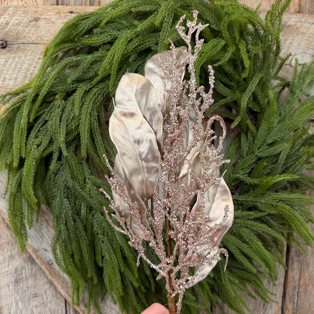 24" Champagne Metallic Magnolia Leaf Spray with Glittered Branches