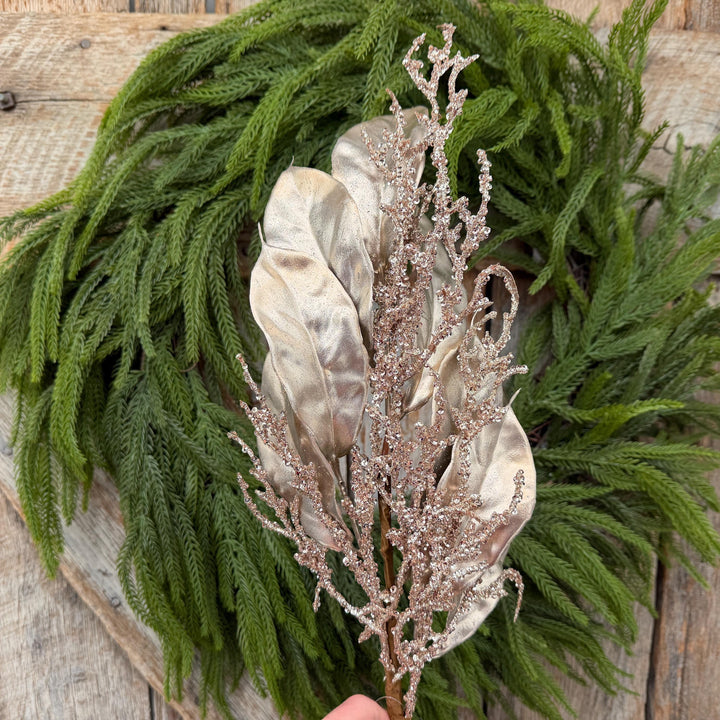 24" Champagne Metallic Magnolia Leaf Spray with Glittered Branches