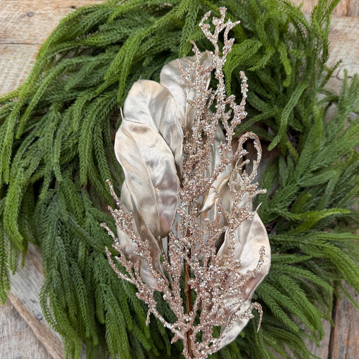 24" Champagne Metallic Magnolia Leaf Spray with Glittered Branches