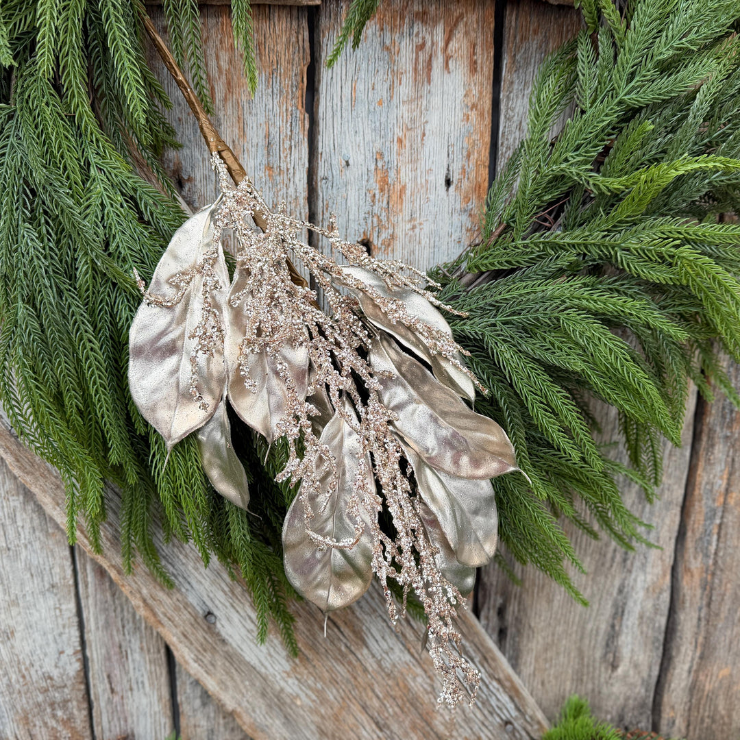 24" Champagne Metallic Magnolia Leaf Spray with Glittered Branches