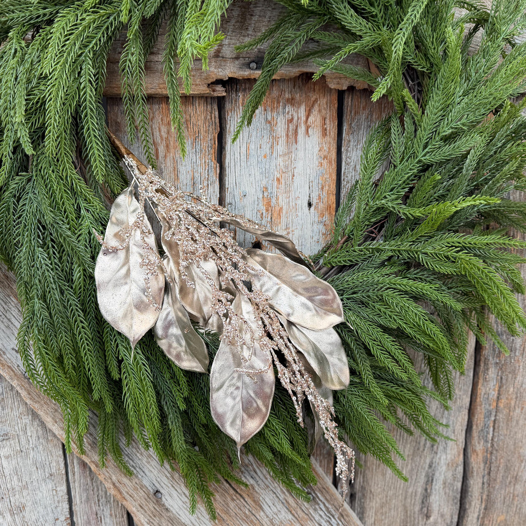 24" Champagne Metallic Magnolia Leaf Spray with Glittered Branches