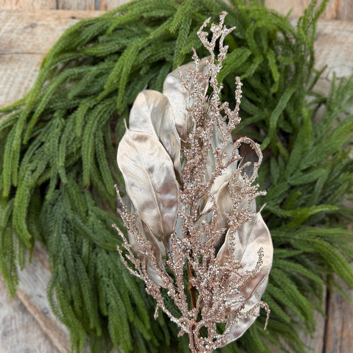 24" Champagne Metallic Magnolia Leaf Spray with Glittered Branches