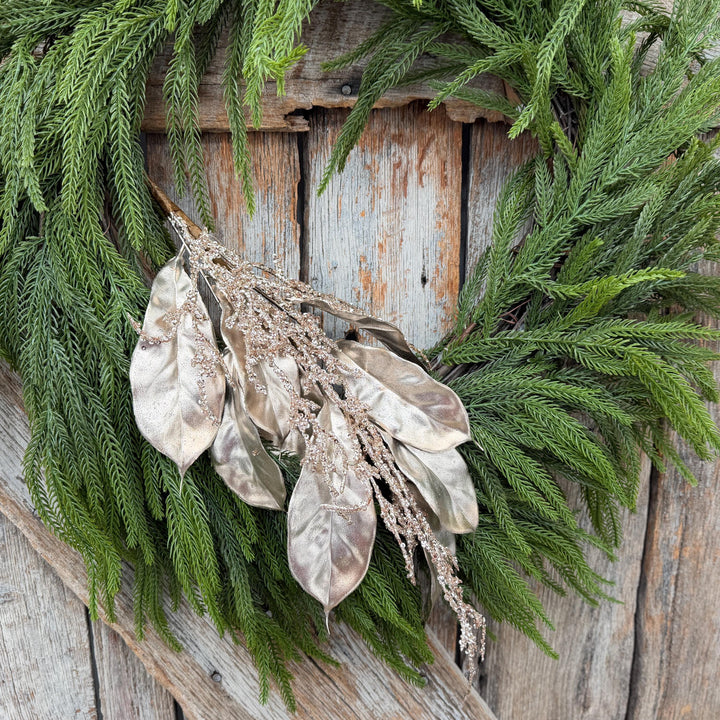 24" Champagne Metallic Magnolia Leaf Spray with Glittered Branches