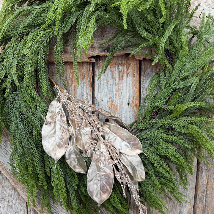 24" Champagne Metallic Magnolia Leaf Spray with Glittered Branches