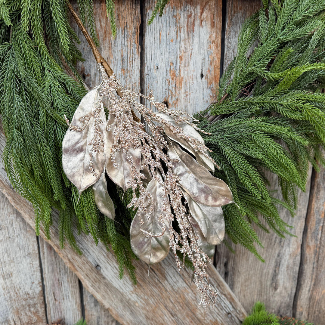 24" Champagne Metallic Magnolia Leaf Spray with Glittered Branches