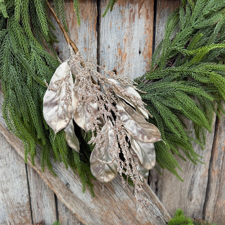 24" Champagne Metallic Magnolia Leaf Spray with Glittered Branches