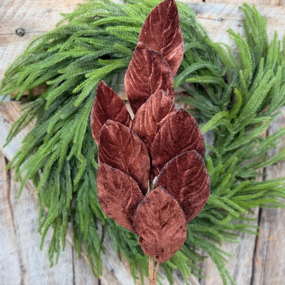 30" Chocolate Brown Velvet Magnolia Leaf Spray with Glittered Edges