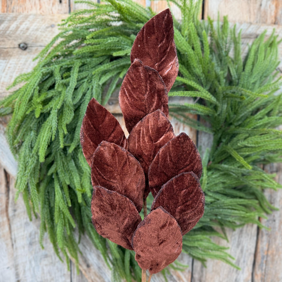 30" Chocolate Brown Velvet Magnolia Leaf Spray with Glittered Edges