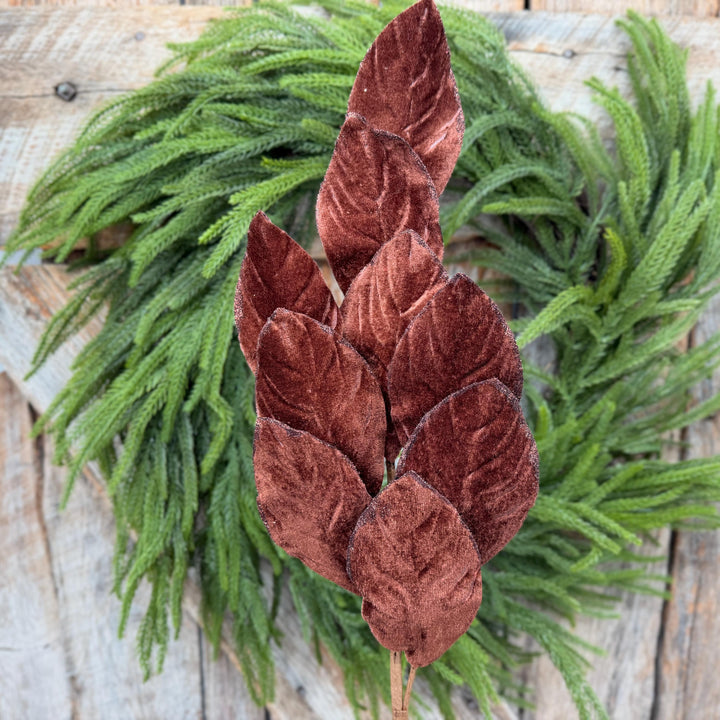 30" Chocolate Brown Velvet Magnolia Leaf Spray with Glittered Edges