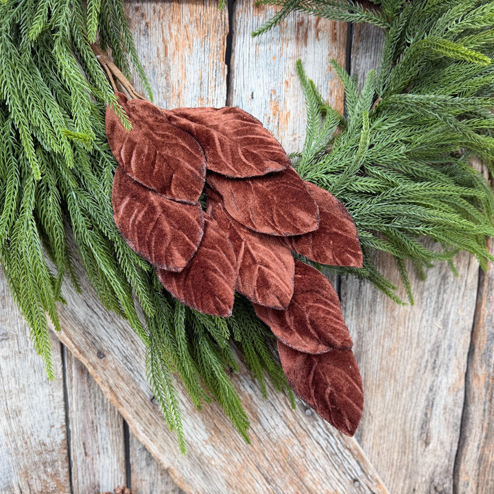 30" Chocolate Brown Velvet Magnolia Leaf Spray with Glittered Edges