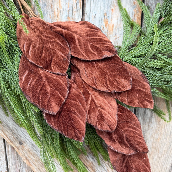 30" Chocolate Brown Velvet Magnolia Leaf Spray with Glittered Edges
