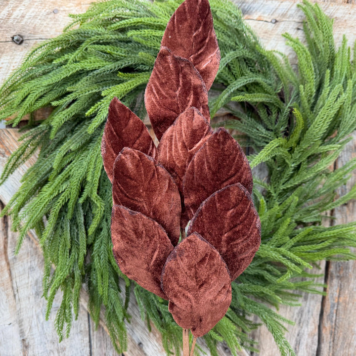 30" Chocolate Brown Velvet Magnolia Leaf Spray with Glittered Edges