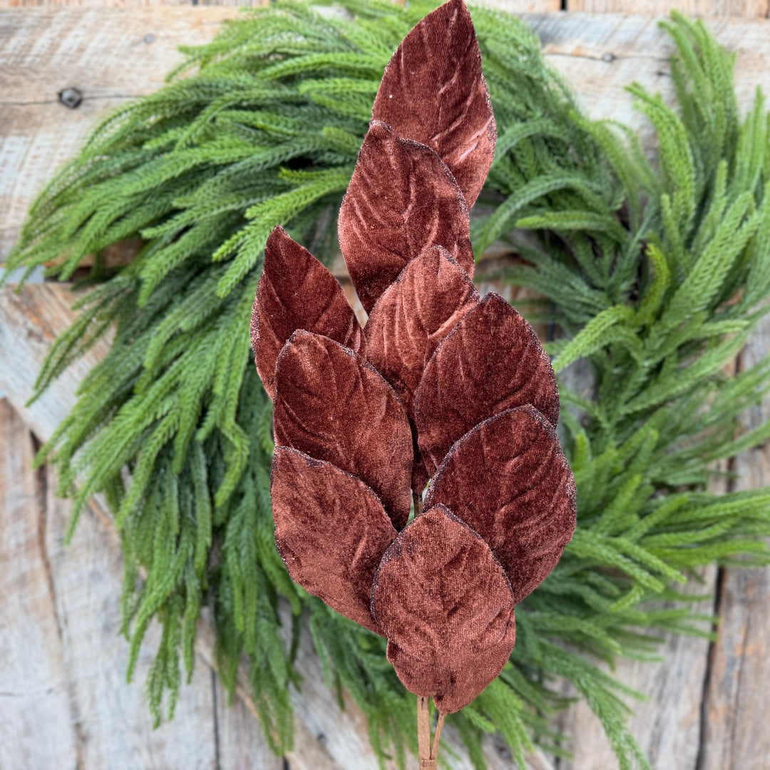 30" Chocolate Brown Velvet Magnolia Leaf Spray with Glittered Edges