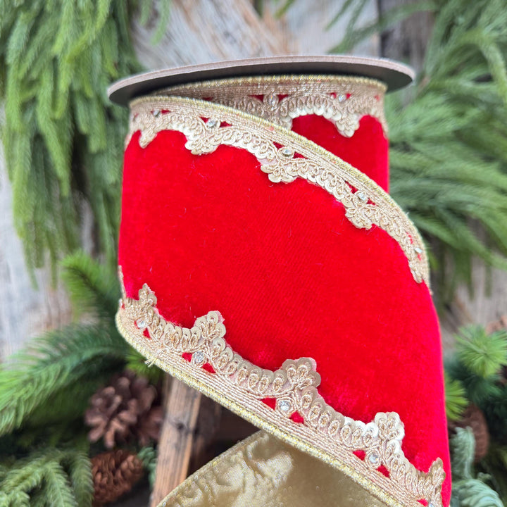 4" Red and Gold Velvet Ribbon, Christmas Ribbon