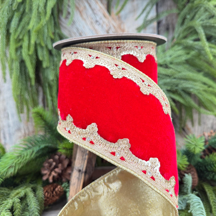 4" Red and Gold Velvet Ribbon, Christmas Ribbon