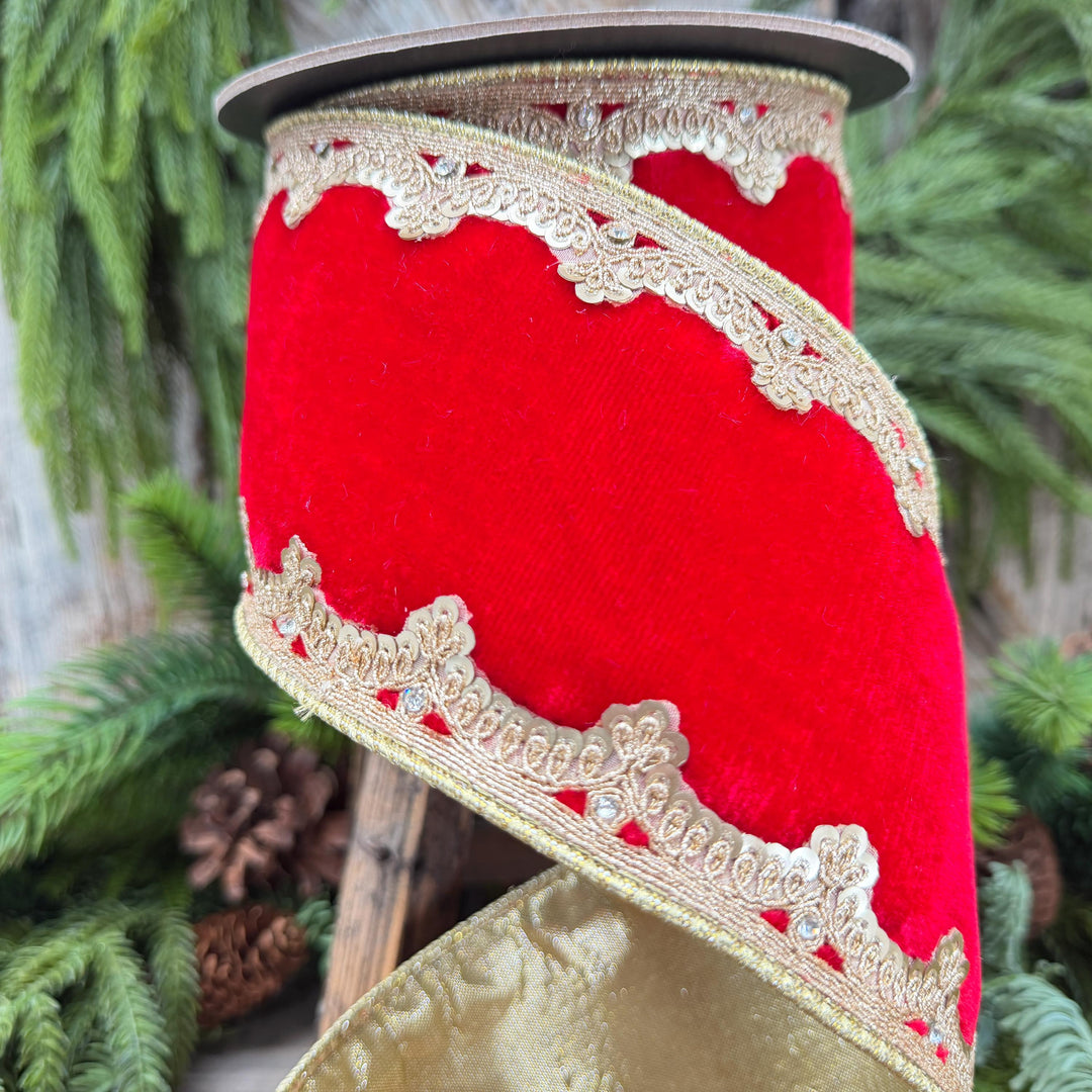 4" Red and Gold Velvet Ribbon, Christmas Ribbon