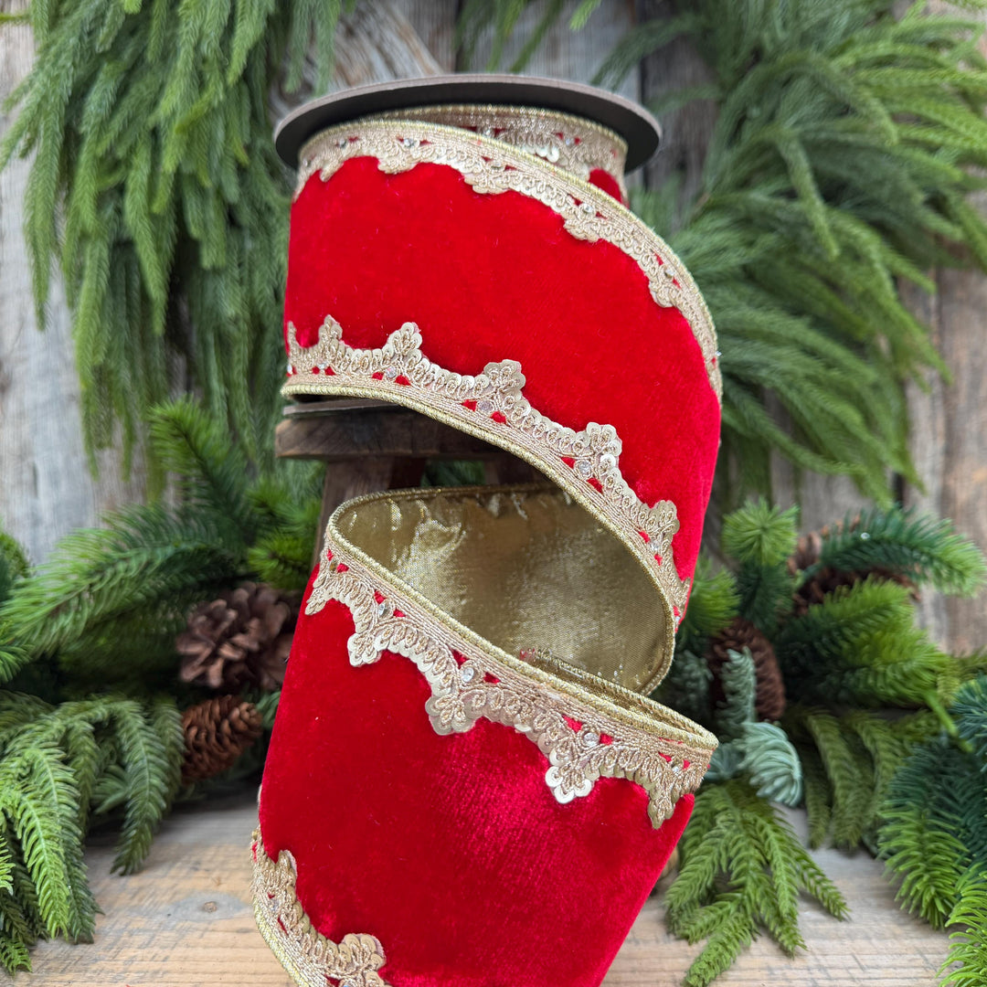 4" Red and Gold Velvet Ribbon, Christmas Ribbon