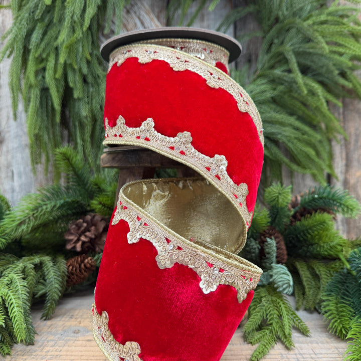 4" Red and Gold Velvet Ribbon, Christmas Ribbon